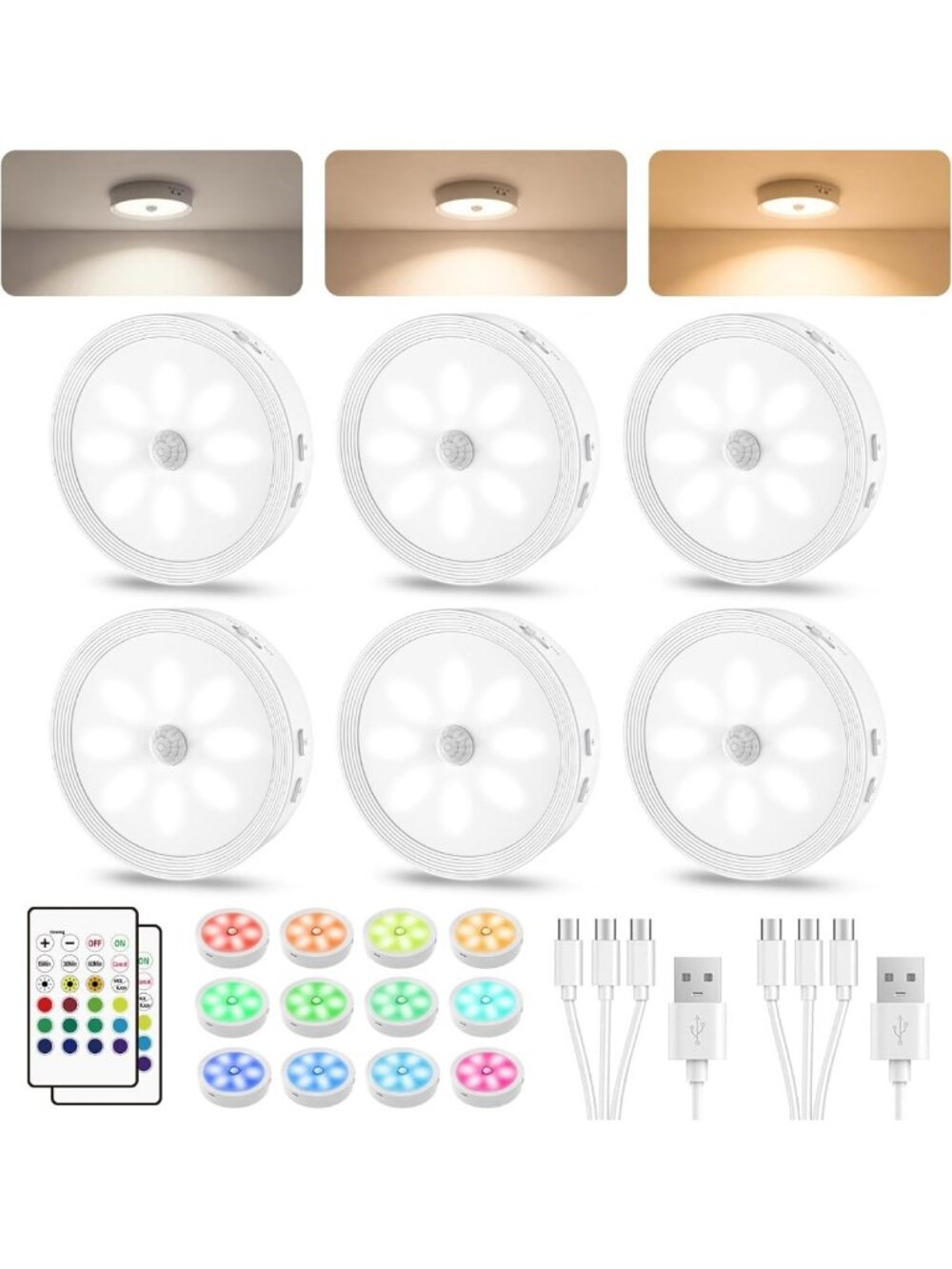 6-Pack Rechargeable Motion Sensor Puck Lights with Remote - Indoor White